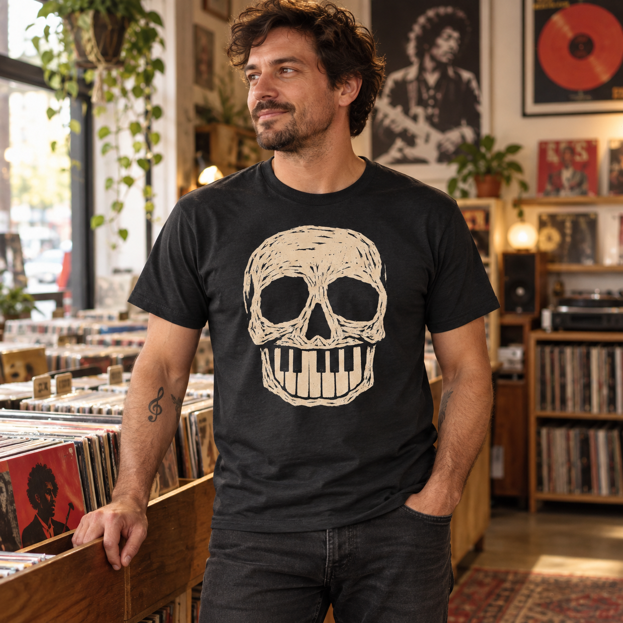 Lifestyle mockup of the Skull Keys shirt worn beside record bins
